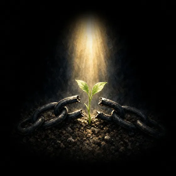 A broken chain with a green shoot growing through it