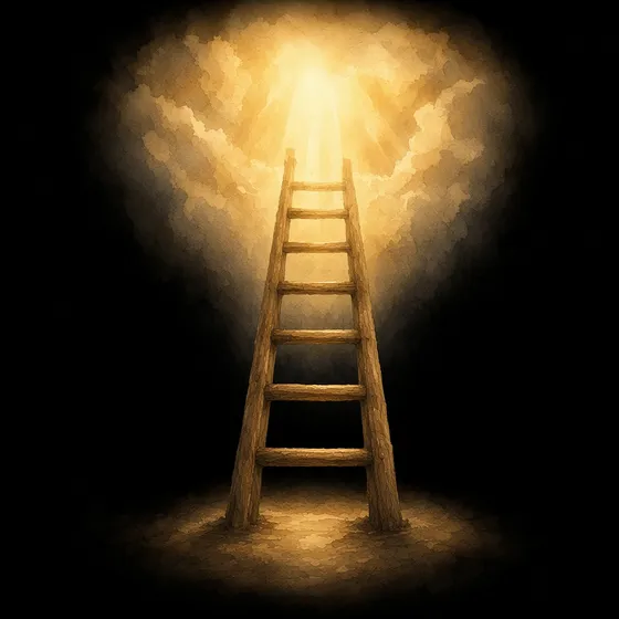 A wooden ladder rising into golden light and clouds