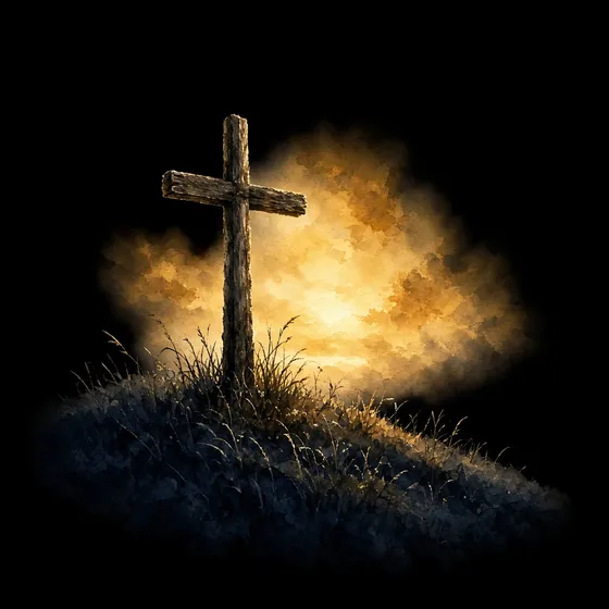 A wooden cross on a hill at golden sunset