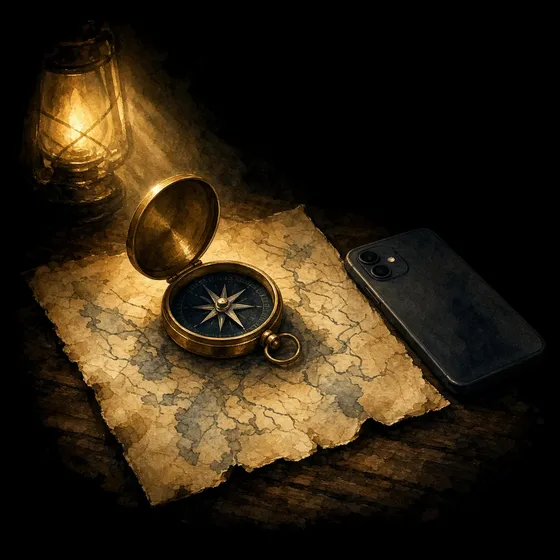 A brass compass resting on an old map beside a phone