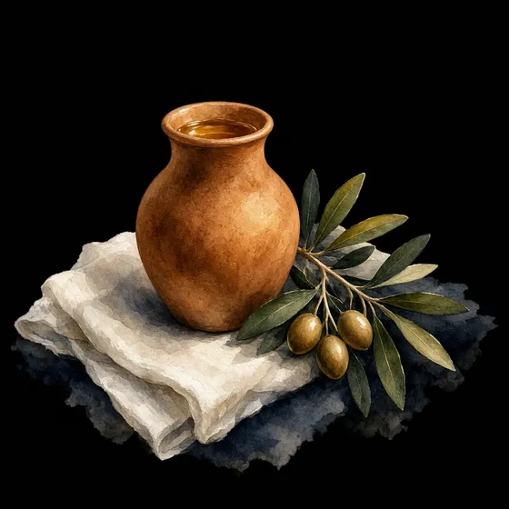 A clay jar of oil beside linen and an olive branch