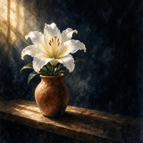 A white lily in a clay vase in morning light