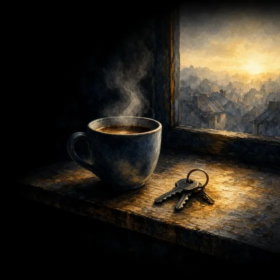 A steaming mug and house keys on a windowsill at dawn