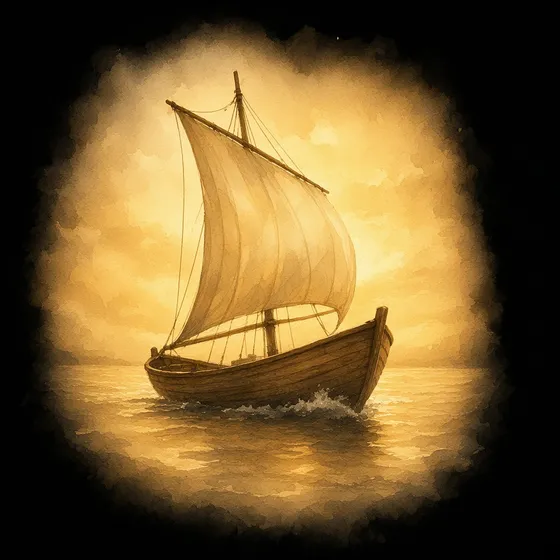 A small sailing boat with a full sail on golden water