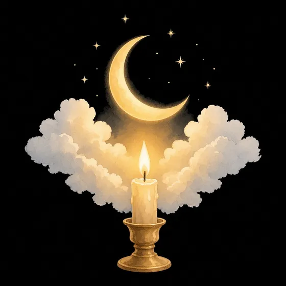 A crescent moon over clouds with a lit candle