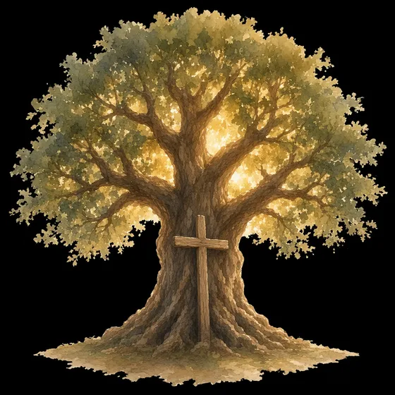 A strong oak tree with a wooden cross at its roots