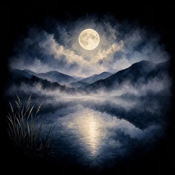 A still lake at dusk with the moon reflected