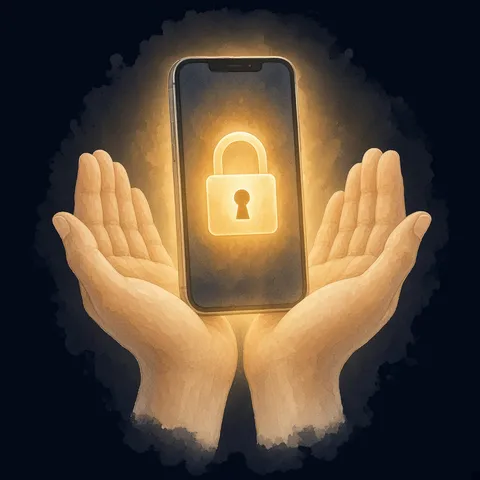 Praying hands holding a phone with a glowing lock