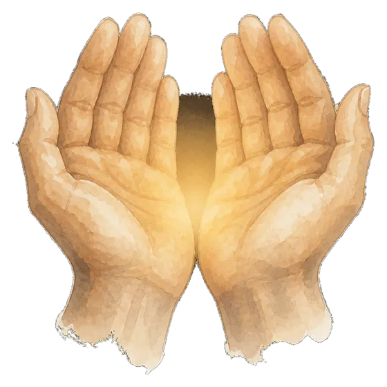 Open hands raised in prayer, glowing softly