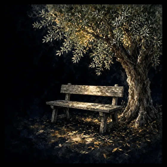 A wooden bench resting under an olive tree