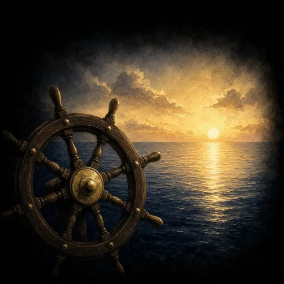 A wooden ship's wheel over a calm sea at dusk
