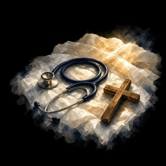 A stethoscope and small wooden cross on white linen