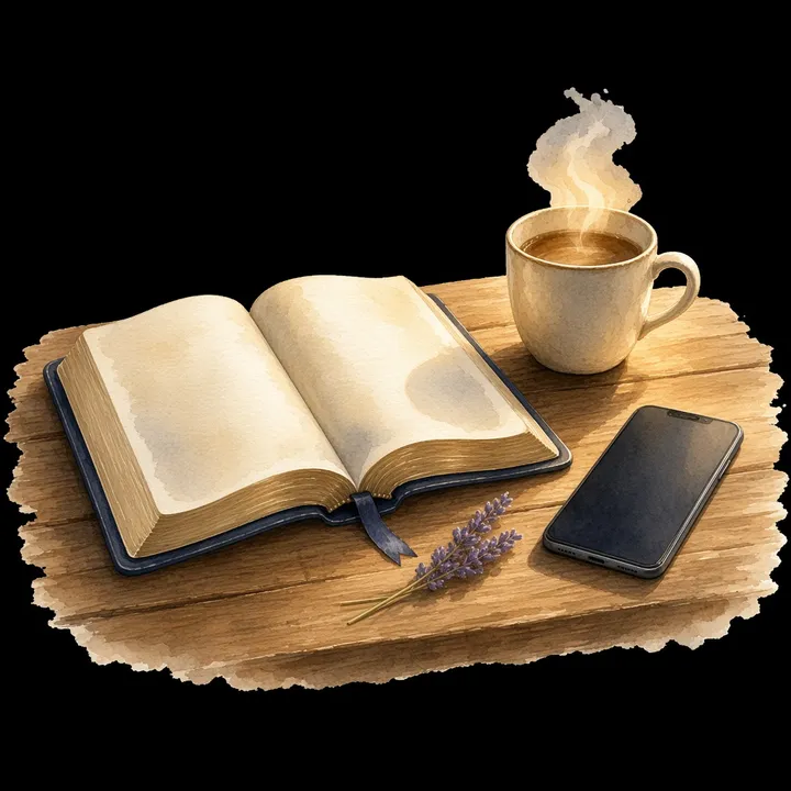 A phone face down beside an open Bible and coffee