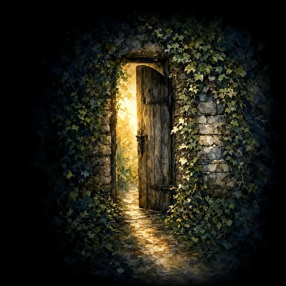 A narrow gate in a stone wall with light beyond