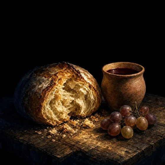 Bread and a cup on a wooden table
