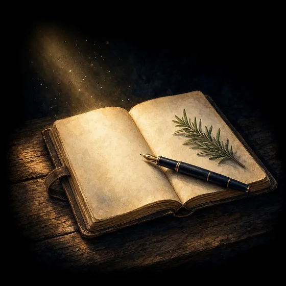 An open journal on a fresh page with a pen, in morning light