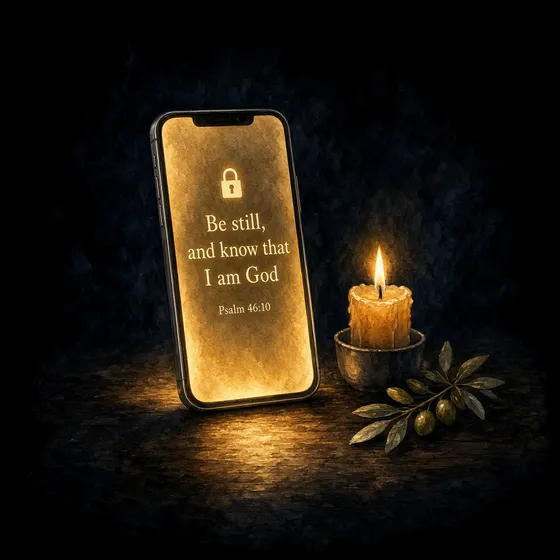 A phone lock screen glowing with Psalm 46:10 beside a candle
