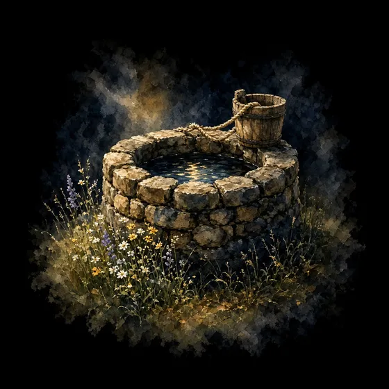 A stone well with a bucket in a quiet field